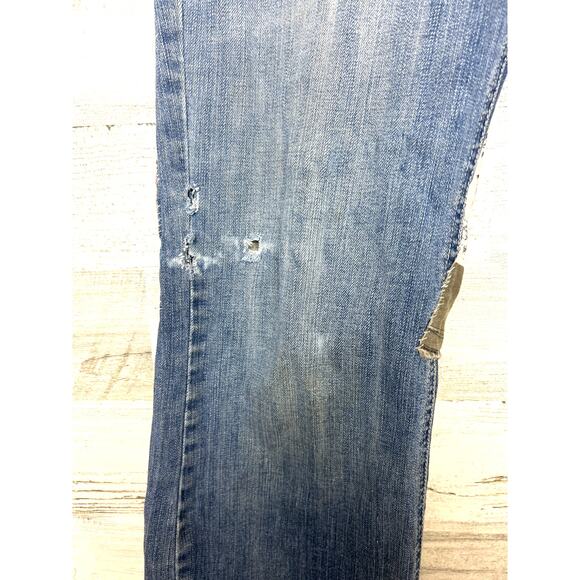 London Jeans Women’s 12 Blue Patchwork Flare low rise Distressed Denim Jeans - Picture 5 of 8